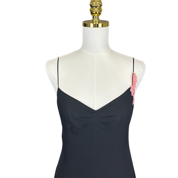 RARE BCBGMAXAZRIA Black Midi Dress Pink Floral Lace Trim Sweetheart Slip Dress 6 - Picture 7 of 13